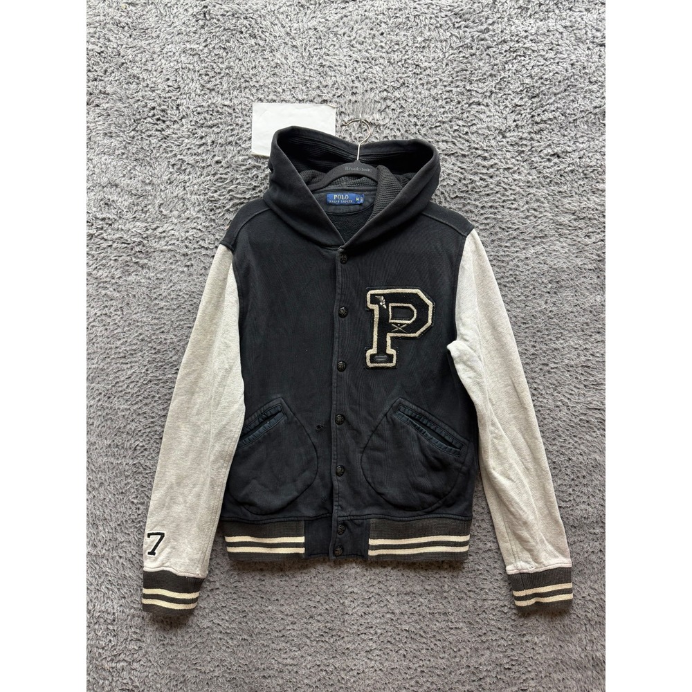 Polo Ralph Lauren Embroidered Fleece Hooded Varsity Jacket Black Mens Size M
